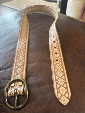Lucky Brand Tan and Cream Embroidered Leather Belt with Brass-Round Buckle
